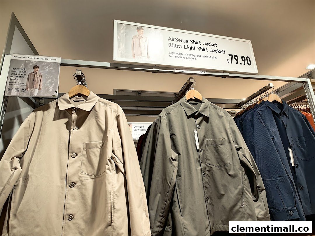 Uniqlo's AirSense Shirt Jackets displayed in-store with a price tag of $79.90.