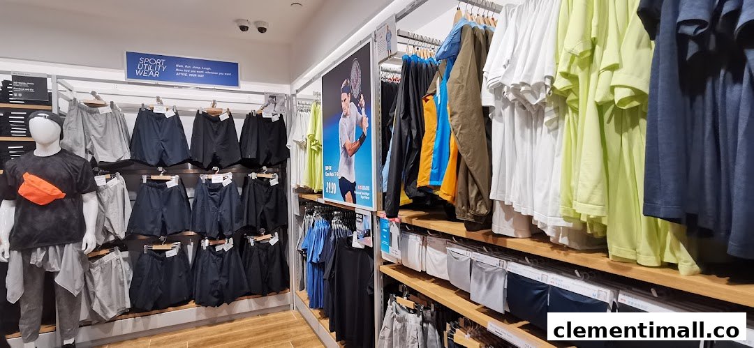 An interior view of UNIQLO showcasing a range of activewear, including shorts, shirts, and jackets.