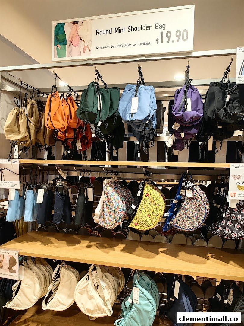 A vibrant display of Uniqlo's popular Round Mini Shoulder Bags in various colors and patterns.
