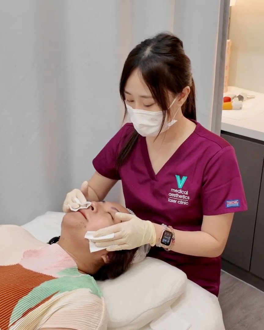 A V Medical Aesthetics staff member performs a facial treatment on a client.