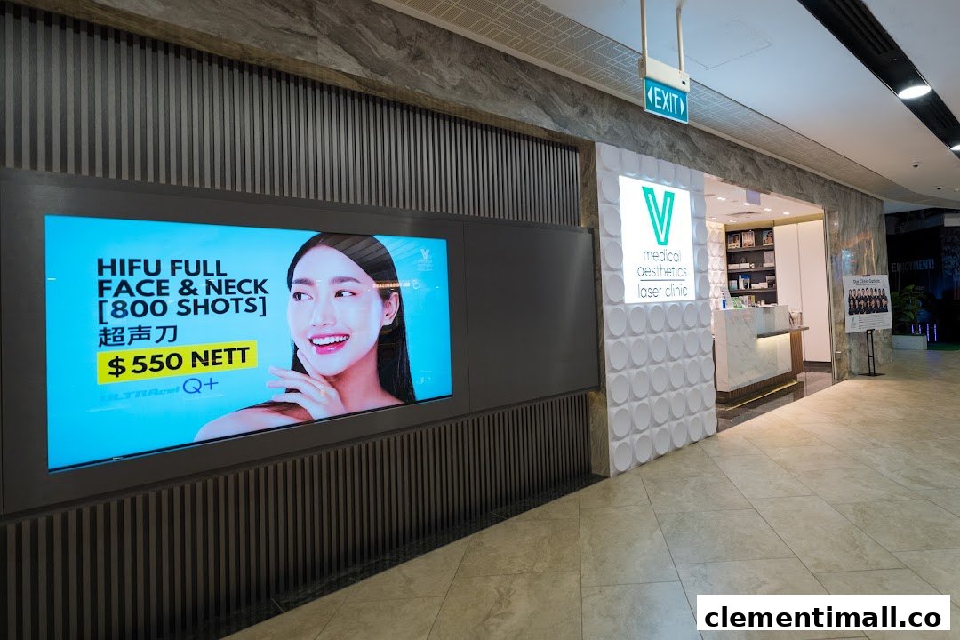 The modern storefront of V Medical Aesthetics & Laser Clinic, featuring a digital display promoting HIFU treatments.