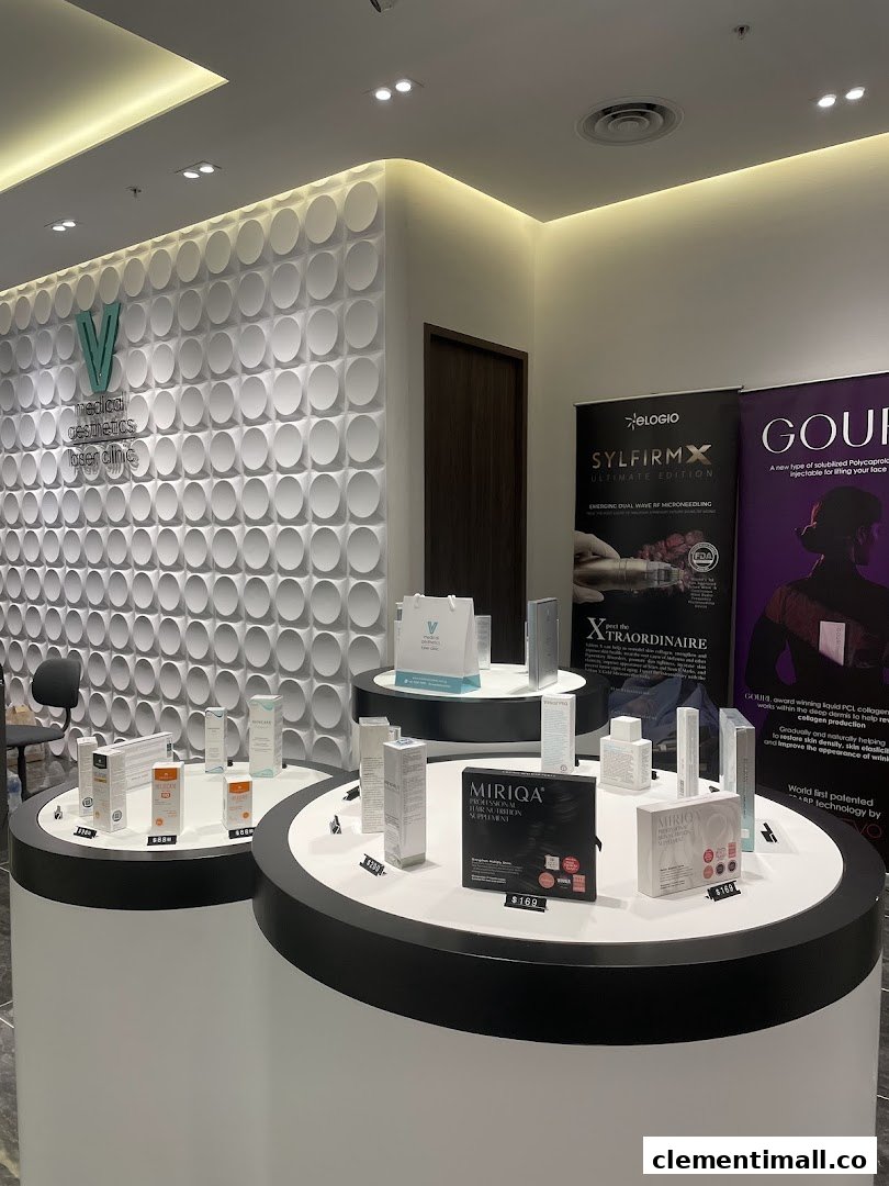 Interior view of V Medical Aesthetics & Laser Clinic, showcasing product displays and modern decor.