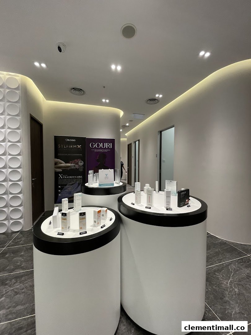 Interior view of V Medical Aesthetics & Laser Clinic, showcasing product displays and treatment banners.