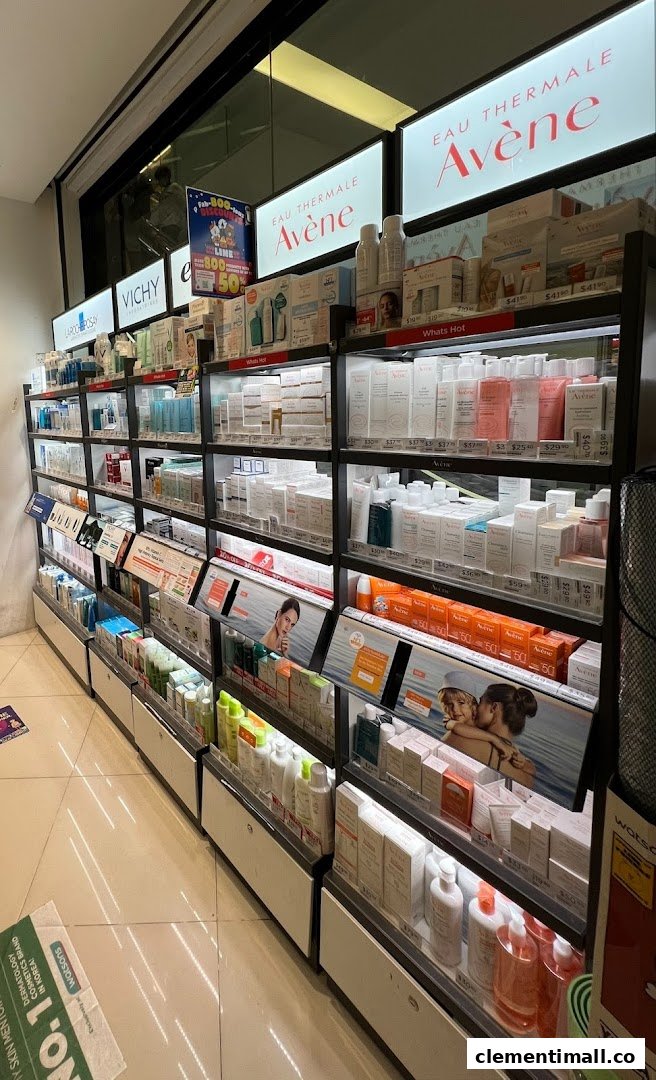 A well-lit aisle in Watsons, showcasing a wide range of skincare products from brands like Avène and Vichy.