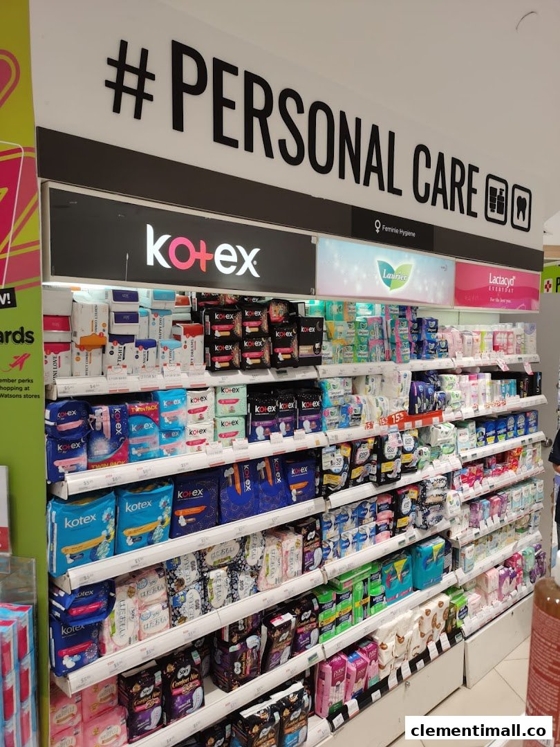 A well-stocked Watsons aisle featuring a wide range of personal care and feminine hygiene products.