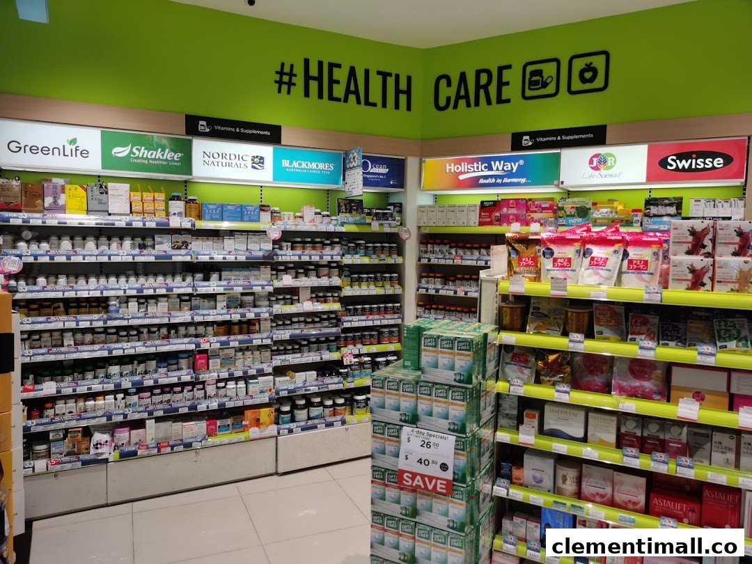 Interior view of a Watsons store, showcasing a wide array of health supplements and vitamins.