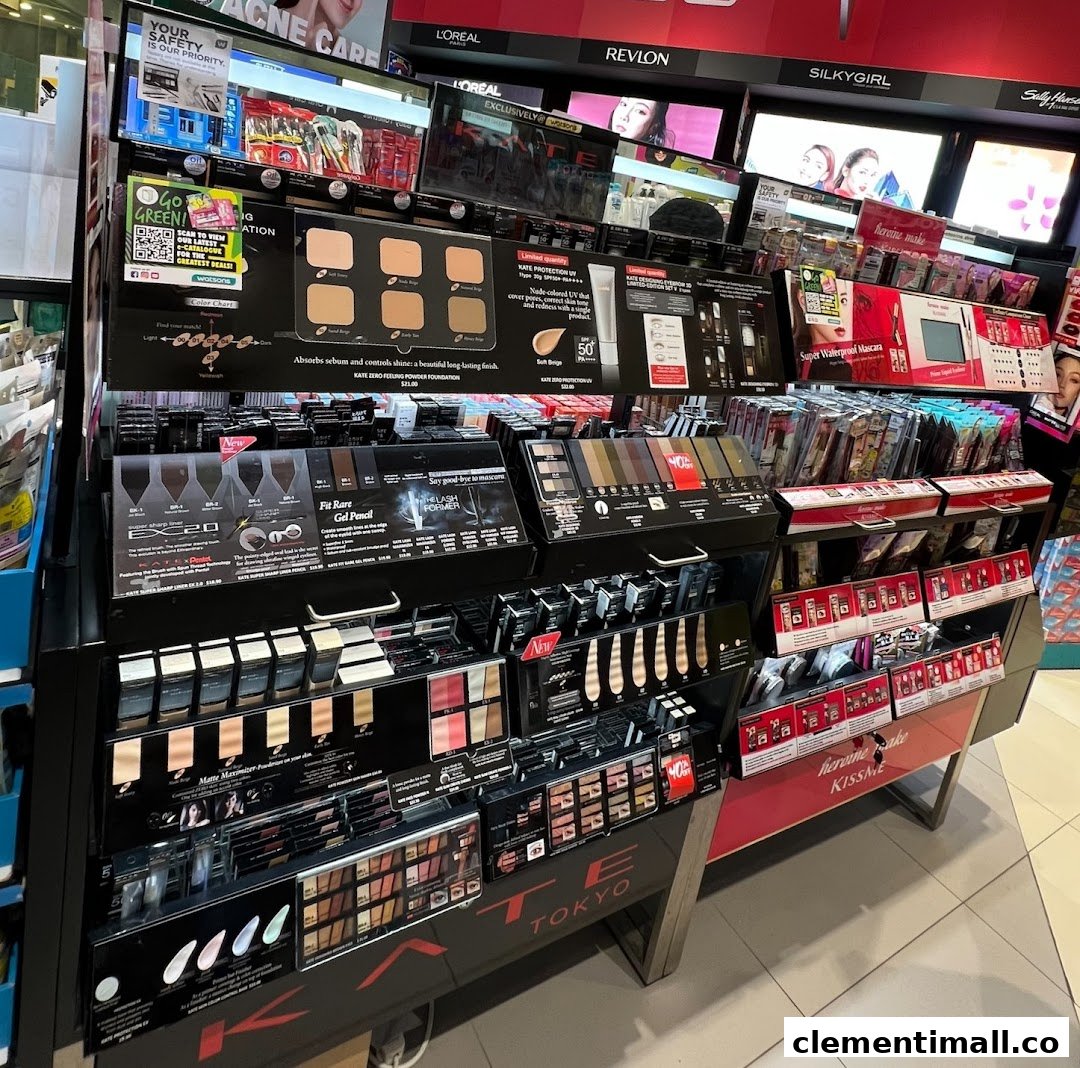 A vibrant in-store display showcasing a wide range of cosmetics and beauty products from various brands.