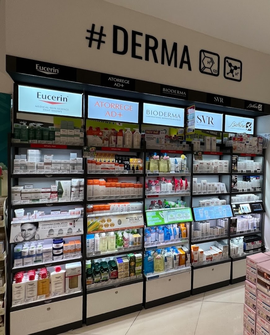 A well-stocked display of derma-cosmetic products from leading brands like Eucerin, Bioderma, and SVR.