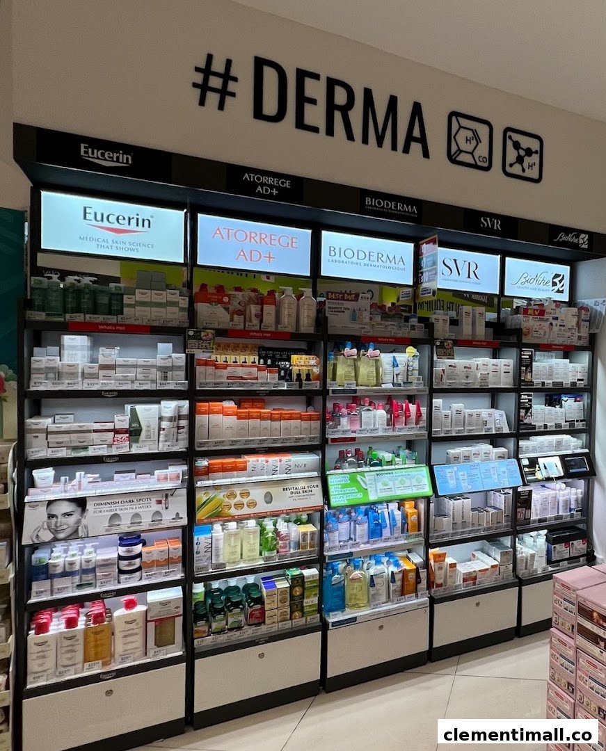 A well-stocked display of derma-cosmetic products from leading brands like Eucerin, Bioderma, and SVR.
