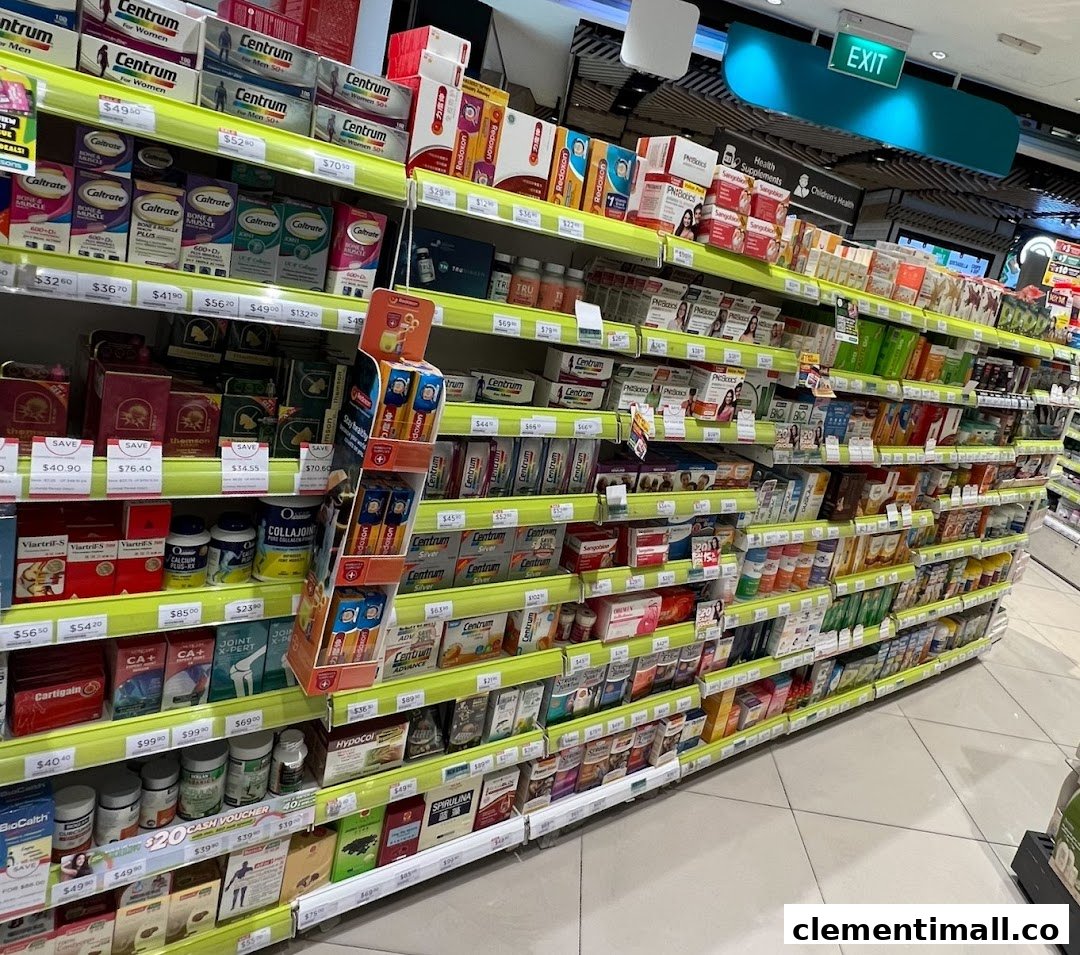 An aisle in a Watsons pharmacy, stocked with various health supplements and vitamins.