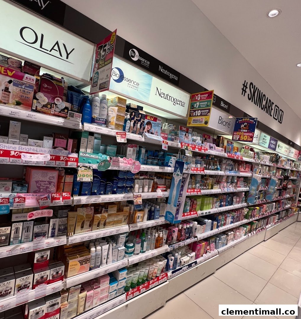 An aisle in a Watsons pharmacy displaying a wide range of skincare and beauty products.