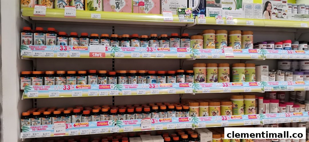 Shelves filled with health supplements and vitamins, featuring promotional offers.