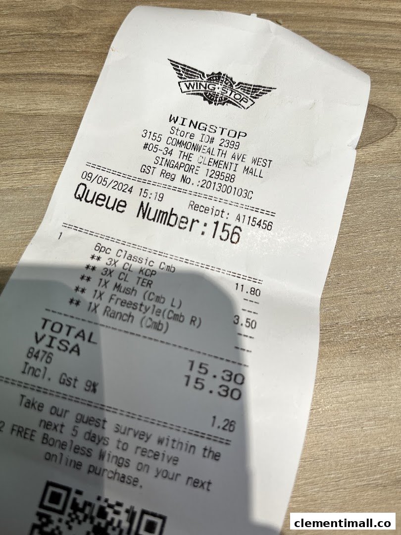 A detailed Wingstop receipt showing menu items, prices, and store information.