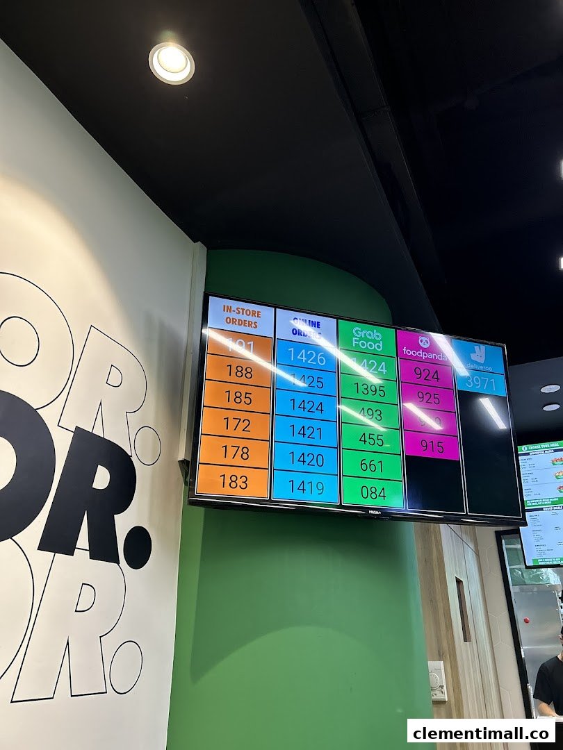 A digital screen inside Wingstop displaying current order numbers for in-store and delivery platforms.