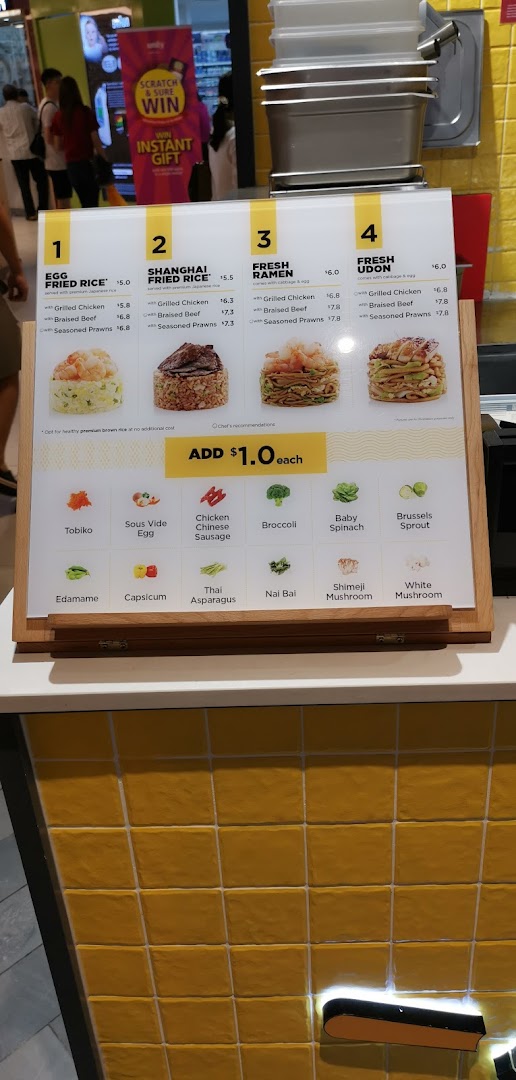 A detailed menu board for WOK HEY, showcasing customizable stir-fry options and add-ons.