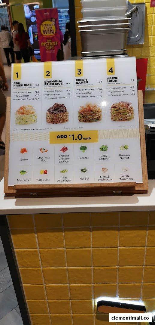 A detailed menu board for WOK HEY, showcasing customizable stir-fry options and add-ons.