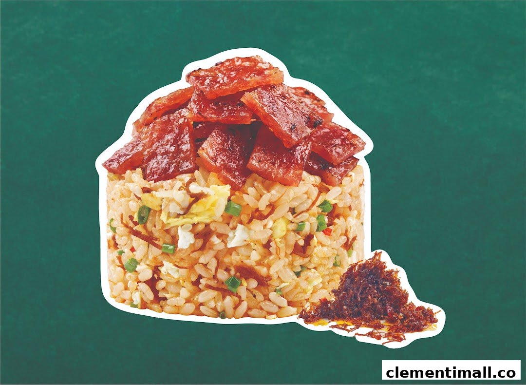 A vibrant image of fried rice topped with savory meat slices and floss, set against a green background.