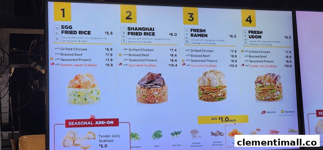 A digital menu board displaying various fried rice and noodle dishes with customizable protein options and add-ons.