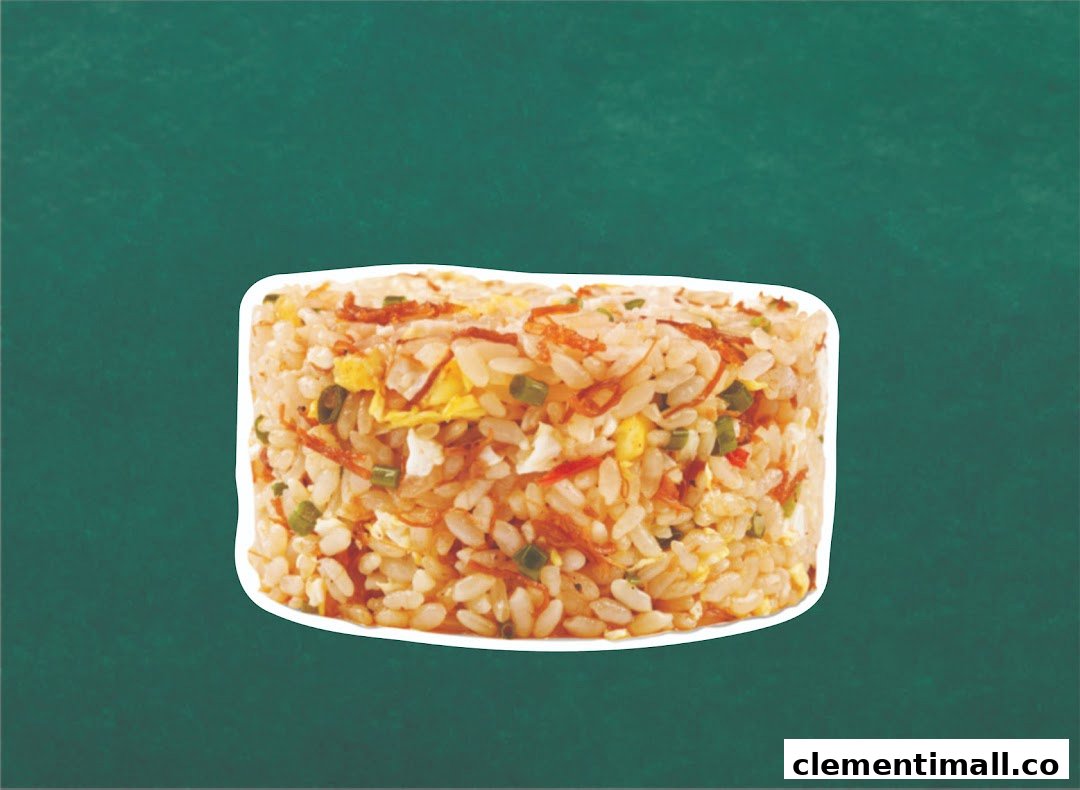 A close-up of delicious fried rice with egg, vegetables, and crispy toppings against a green background.