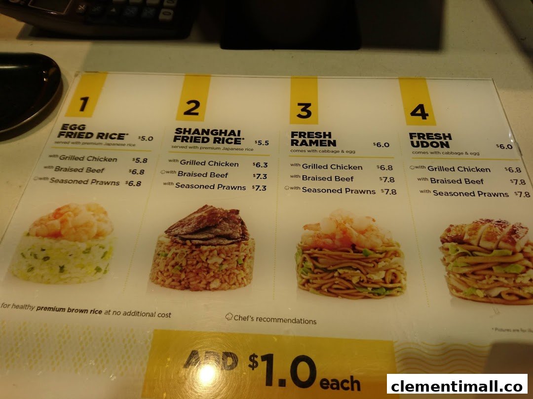 A close-up view of WOK HEY's menu board, showcasing various fried rice and noodle dishes with prices.