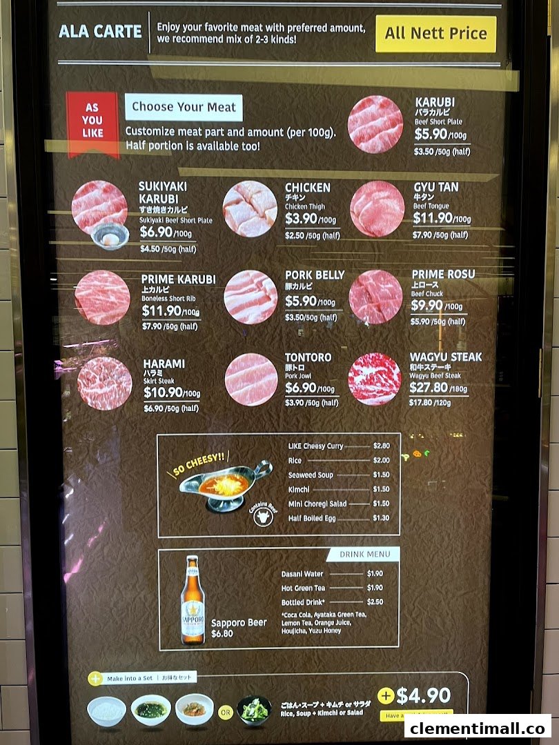 A detailed menu board for Yakiniku Like, featuring various meat cuts, sides, and drinks.