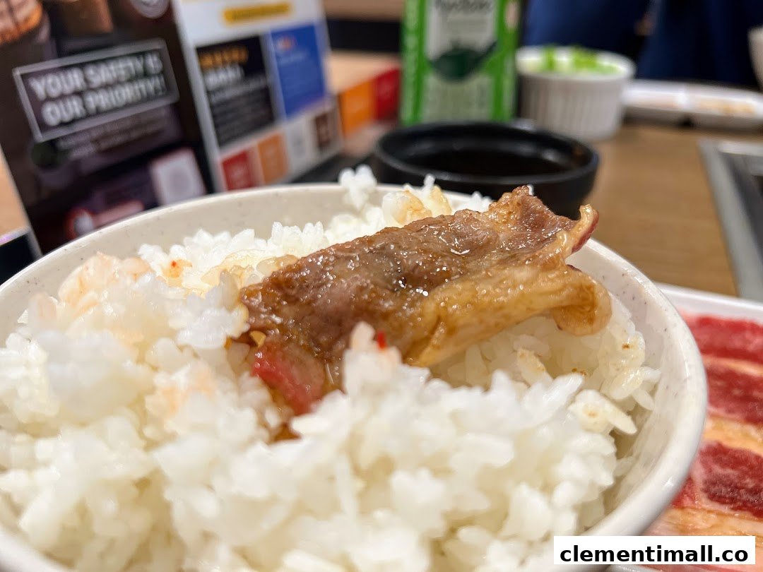 A close-up of a bowl of fluffy white rice topped with a piece of savory grilled yakiniku meat.