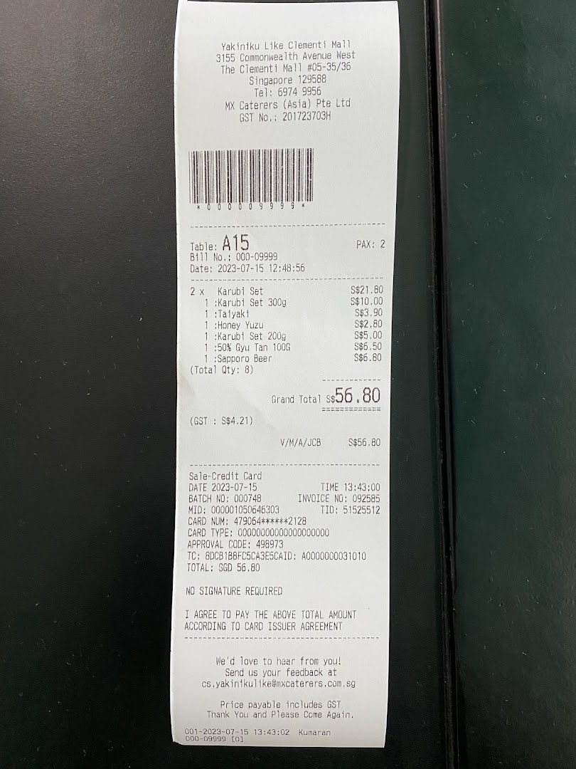 A detailed receipt from Yakiniku Like Clementi Mall showing purchased items and total cost.