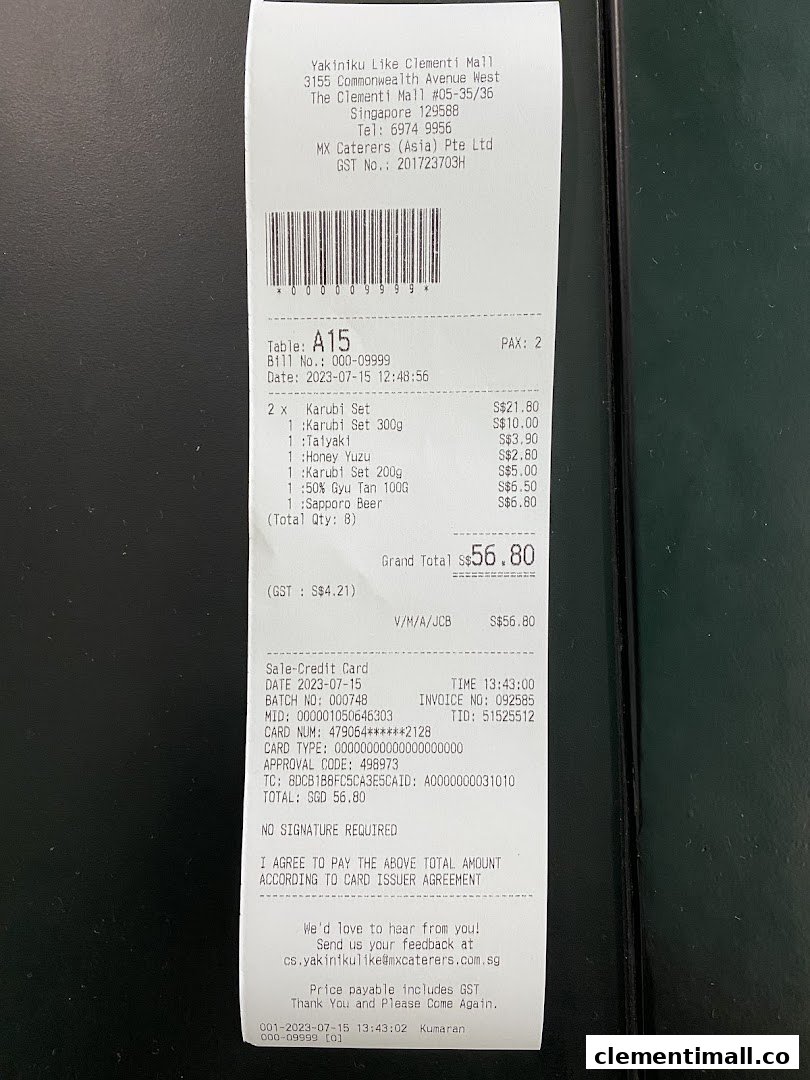 A detailed receipt from Yakiniku Like Clementi Mall showing purchased items and total cost.