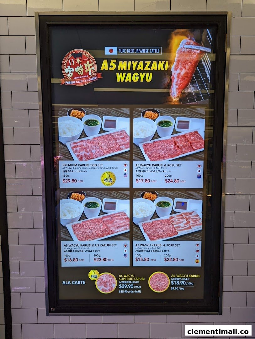 A digital menu board showcasing premium A5 Miyazaki Wagyu beef sets and ala carte options.