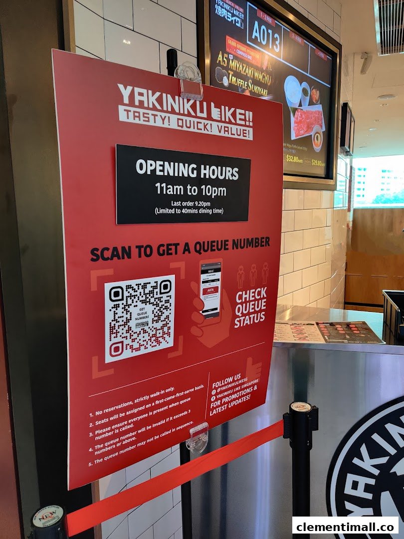 A red sign at Yakiniku Like's entrance displaying opening hours and queueing instructions.