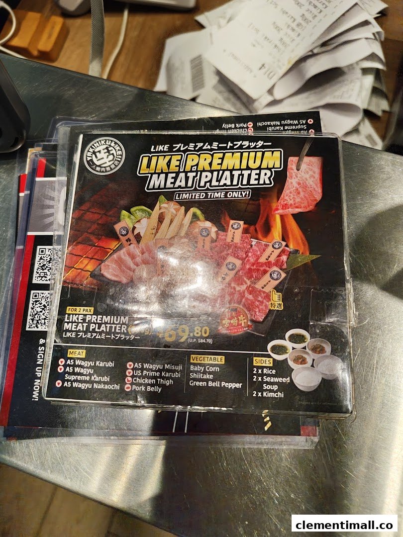 A promotional menu display for the 'Like Premium Meat Platter' at Yakiniku Like.