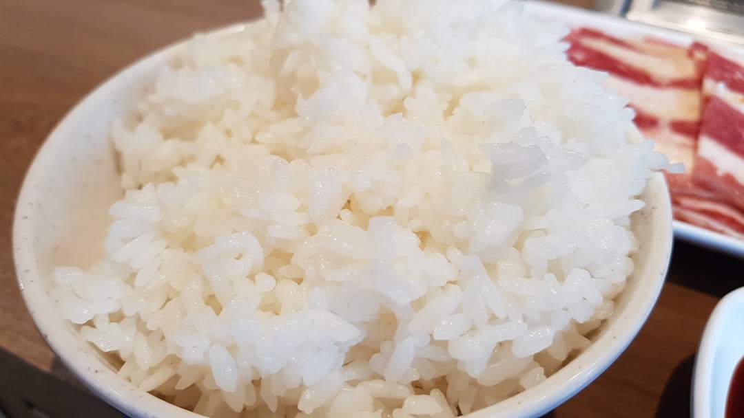 A close-up of a bowl of fluffy white rice, a perfect accompaniment to yakiniku.