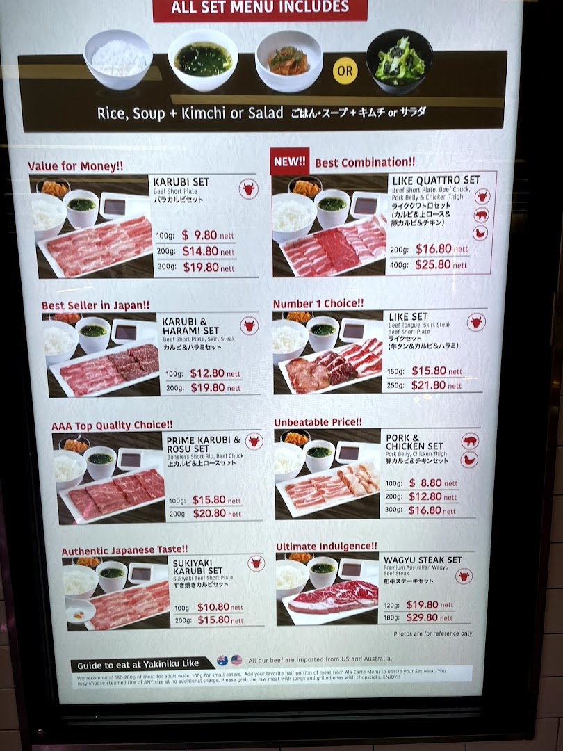 A comprehensive menu board showcasing various yakiniku set meals with prices and details.