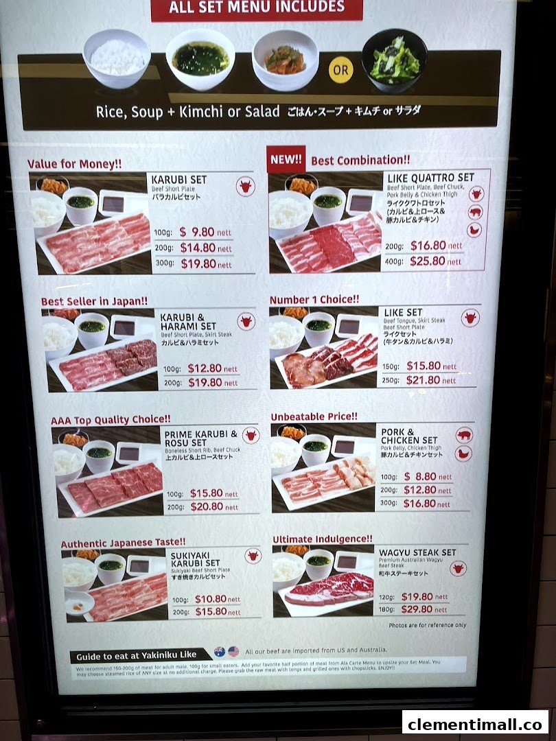 A comprehensive menu board showcasing various yakiniku set meals with prices and details.