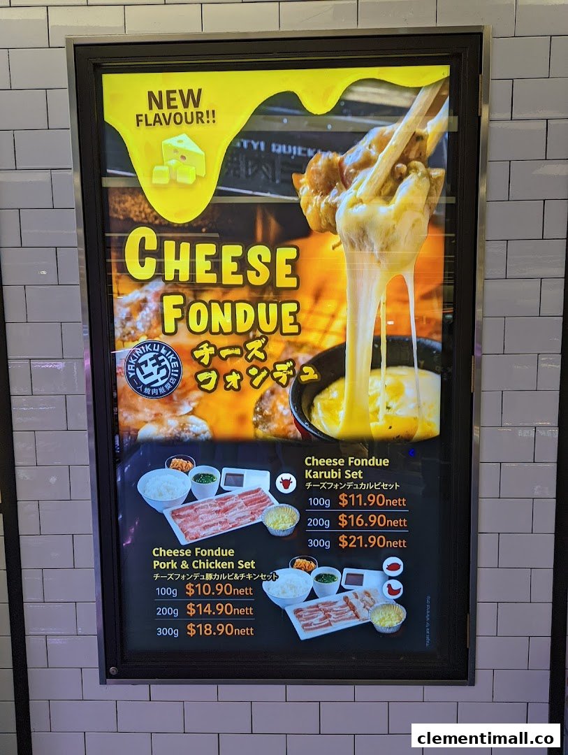 A vibrant promotional poster showcasing Yakiniku Like's new Cheese Fondue sets with pricing.