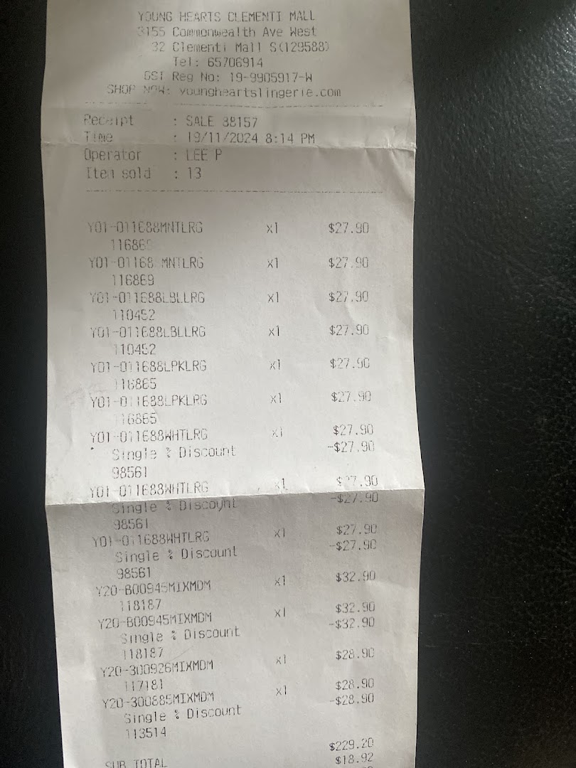 A detailed retail receipt from Young Hearts Clementi Mall showing various lingerie purchases and discounts.