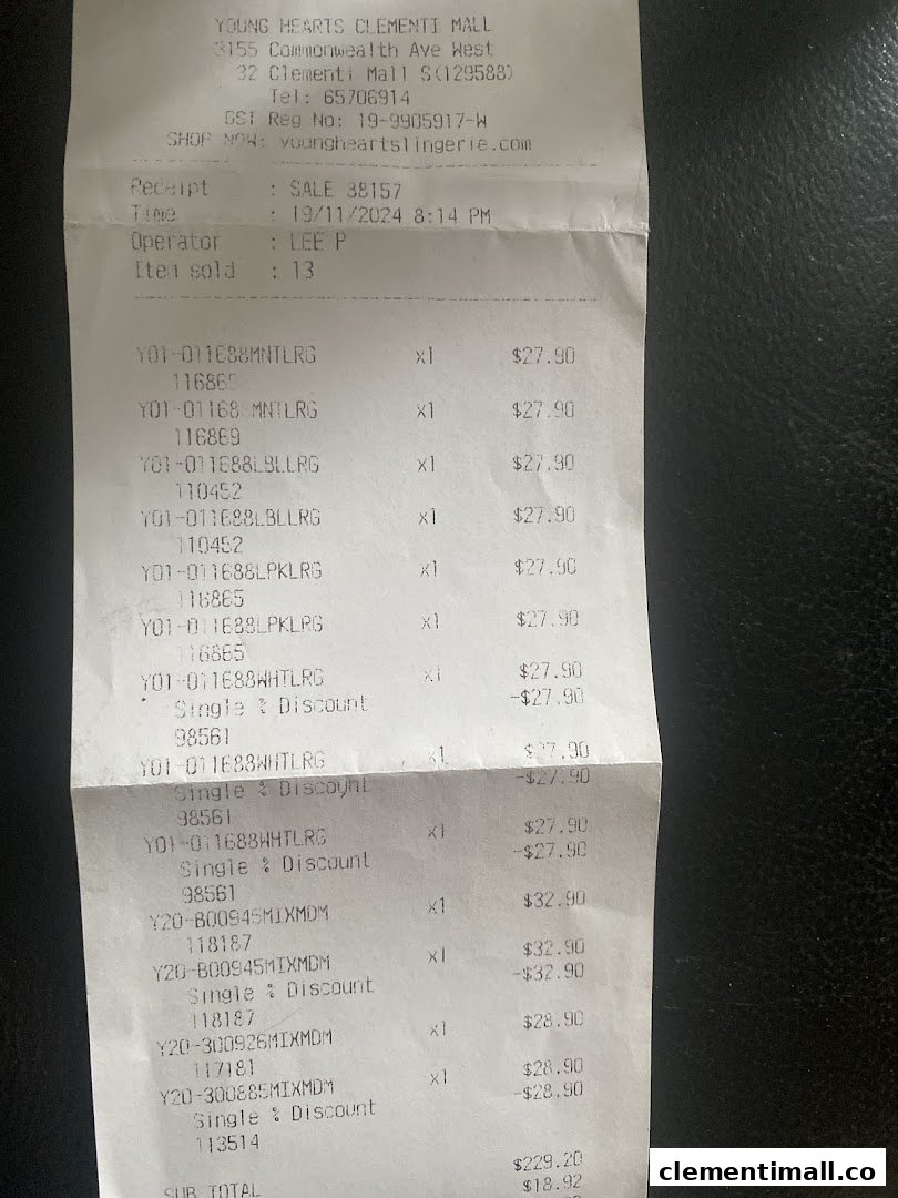 A detailed retail receipt from Young Hearts Clementi Mall showing various lingerie purchases and discounts.