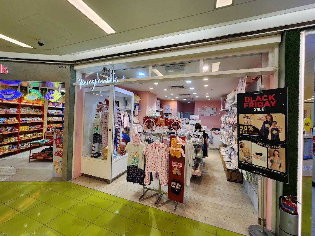 The Young Hearts shop entrance features sleepwear and lingerie displays, with a Black Friday Sale sign.