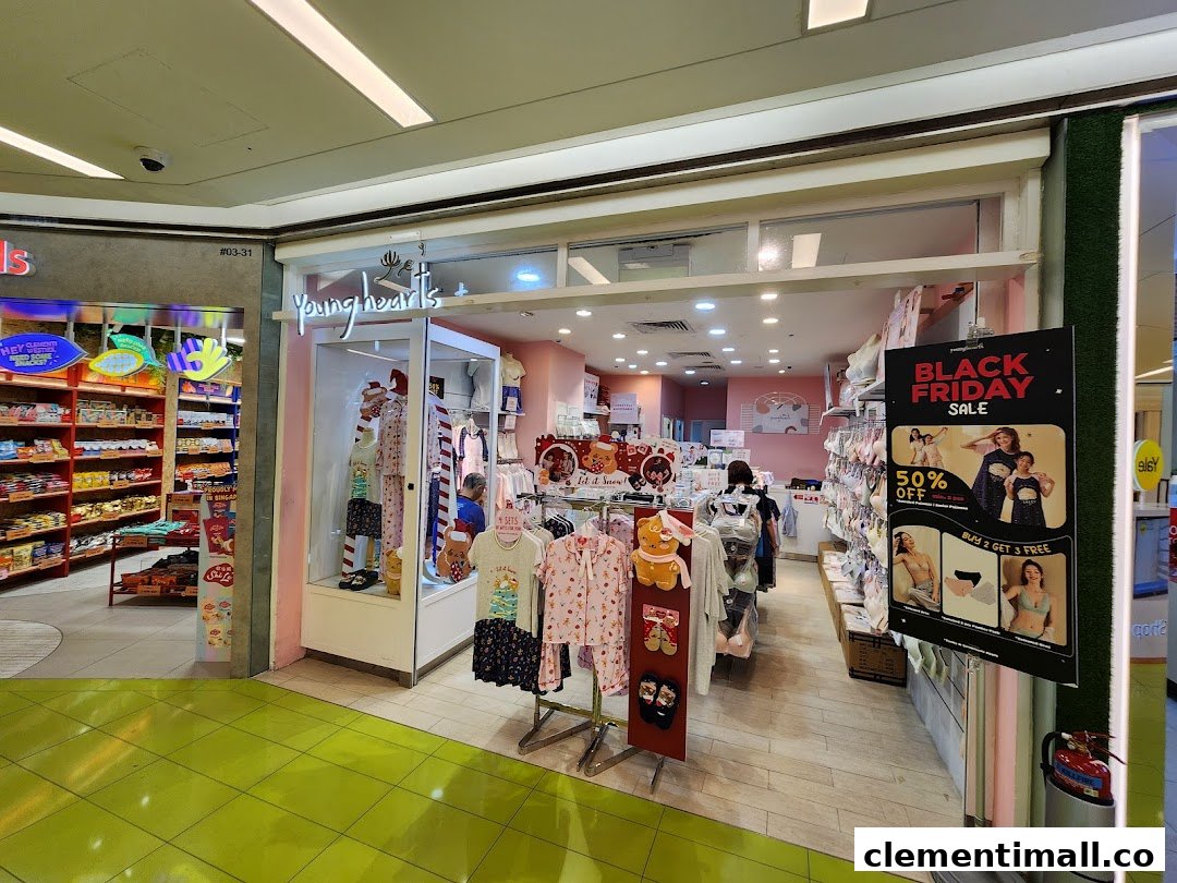 The Young Hearts shop entrance features sleepwear and lingerie displays, with a Black Friday Sale sign.