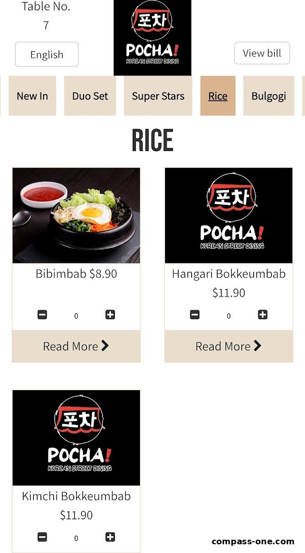 A digital menu showcasing Korean street dining dishes like Bibimbab and Bokkeumbab.