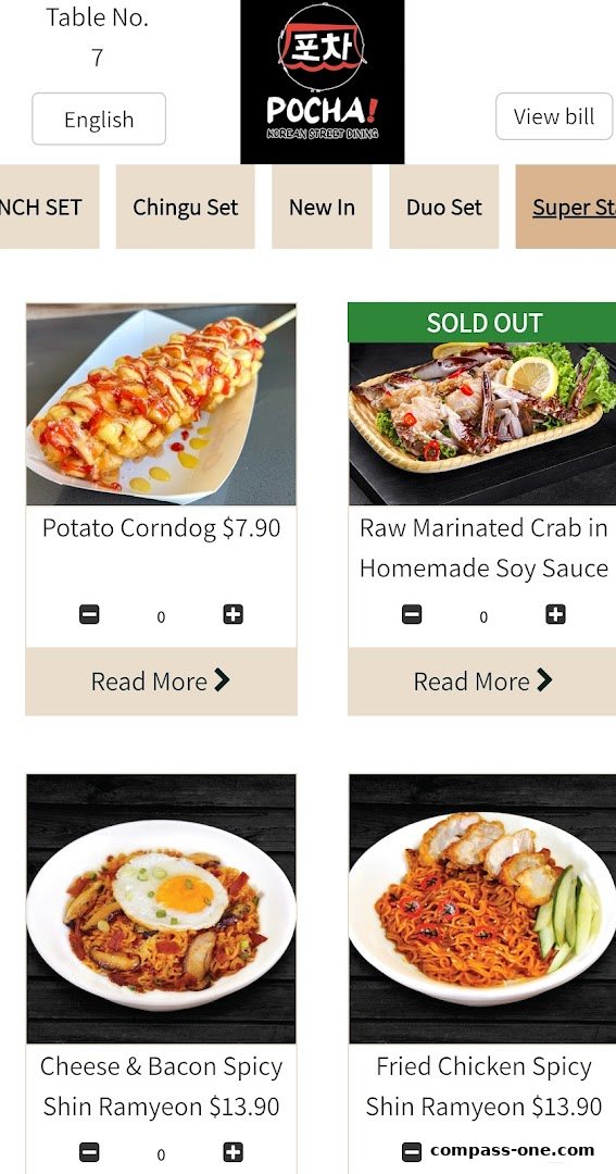 A digital menu displaying Korean street food dishes with images and prices.