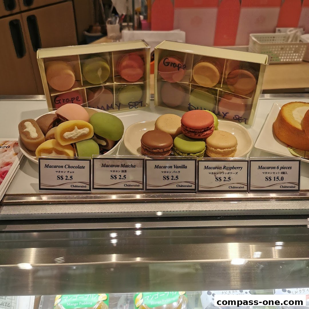A display of colorful macarons and other desserts at Châteraisé.