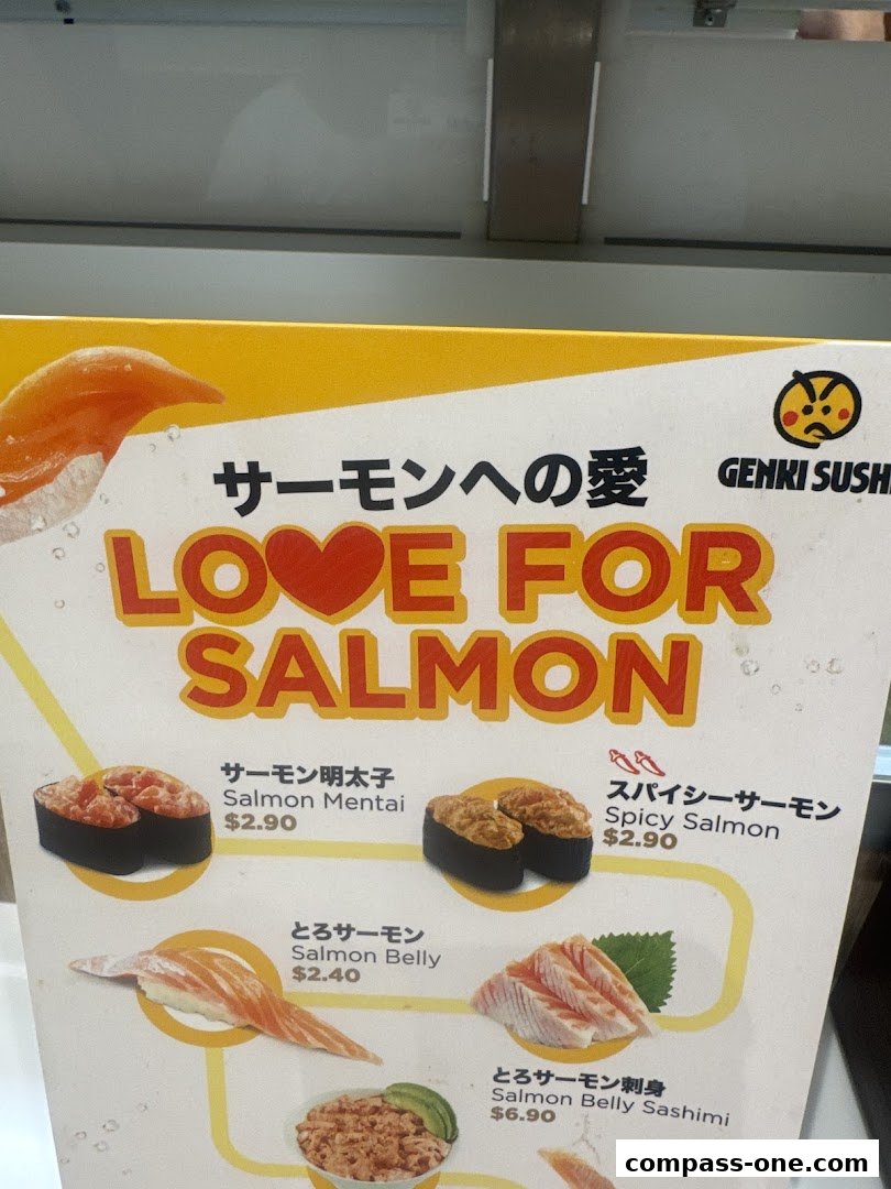 A menu board from Genki Sushi featuring various salmon sushi dishes and their prices.