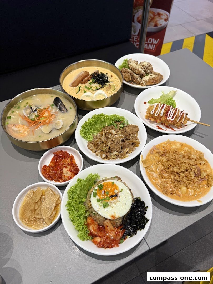 A spread of delicious Korean street food dishes, including noodles, fried chicken, and rice bowls.