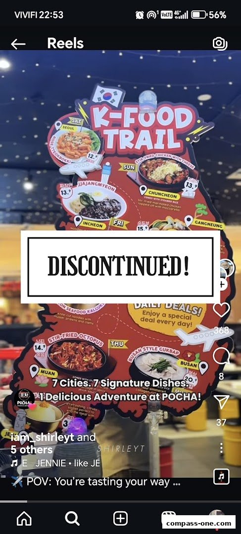 A promotional display for POCHA! Korean Street Dining's 'K-Food Trail' featuring various dishes.