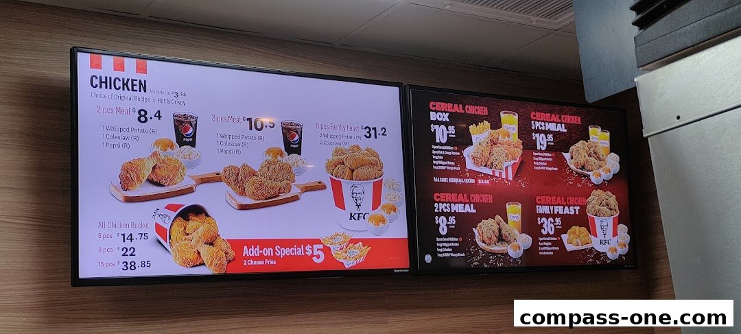 A digital menu board displaying various KFC chicken meals and buckets with prices.