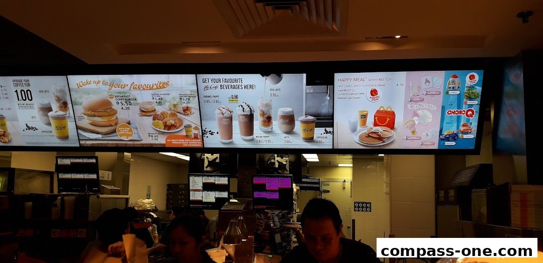 A digital menu board displaying McDonald's breakfast items, McCafe beverages, and Happy Meal promotions.
