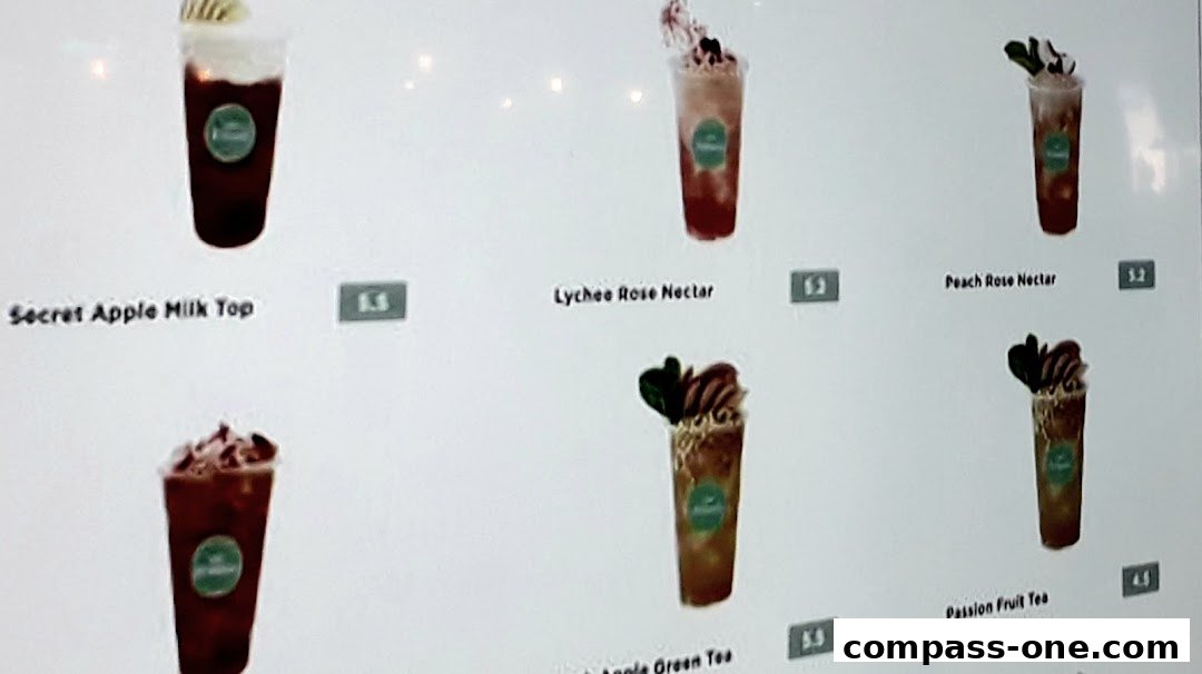A menu display showing various iced beverages with their names and prices.