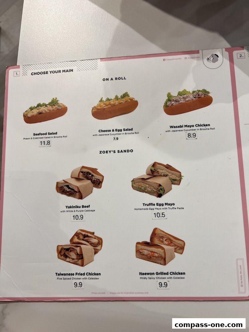 A menu from Zoeys featuring sandwiches and rolls with descriptions and prices.