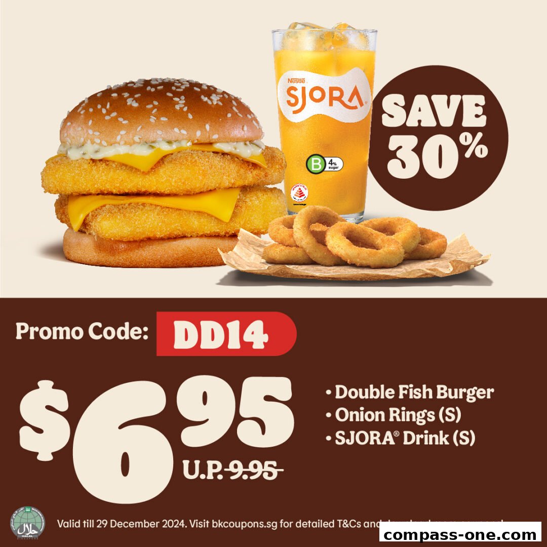 Burger King promotion featuring a Double Fish Burger, Onion Rings, and SJORA Drink.
